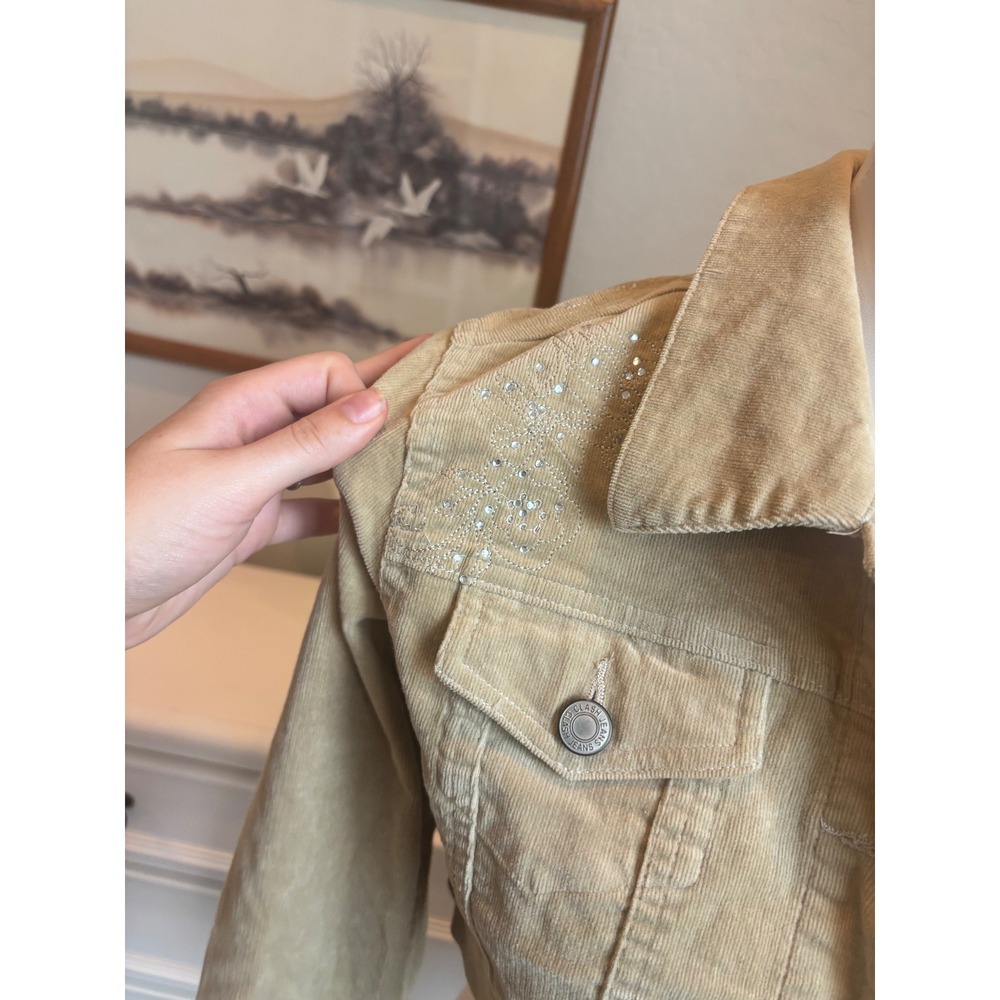 Cropped Corduroy Jacket Tan Beige Rhinestone Y2K Vintage Style Trucker XS NWT - Picture 2 of 3